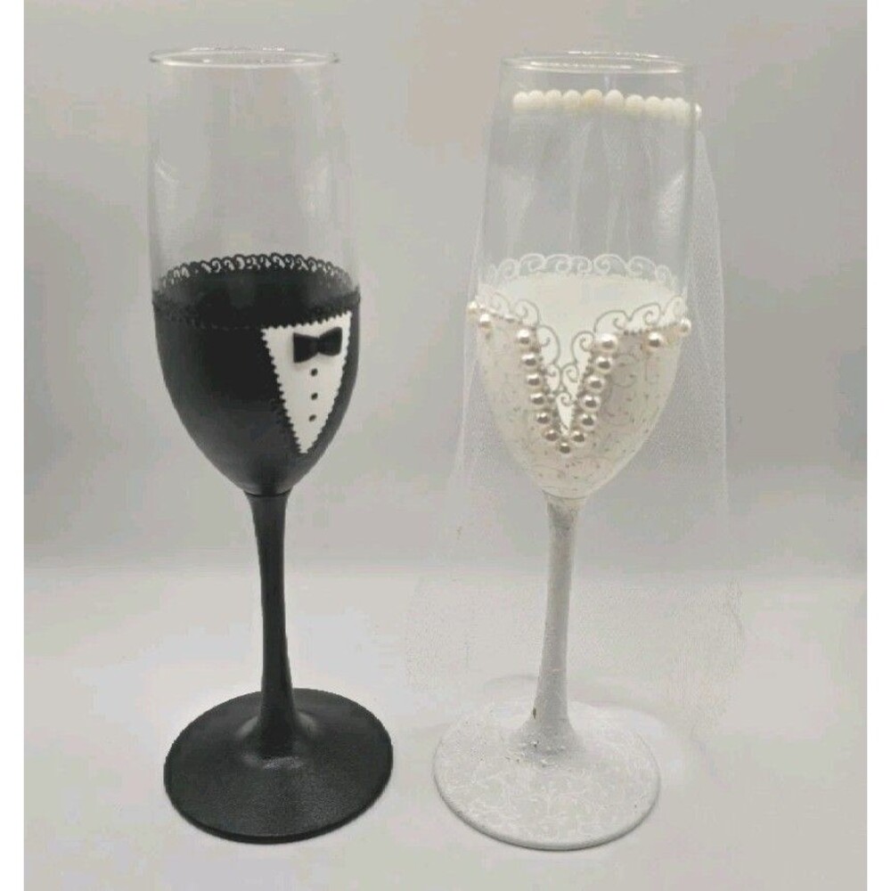 Bride & Groom Wedding Champagne Flute Set, Tuxedo Pattern Black/White 80ml